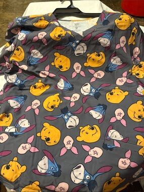 Winnie the Pooh & Friends Gray Scrub Top - Playful Character Print-3X